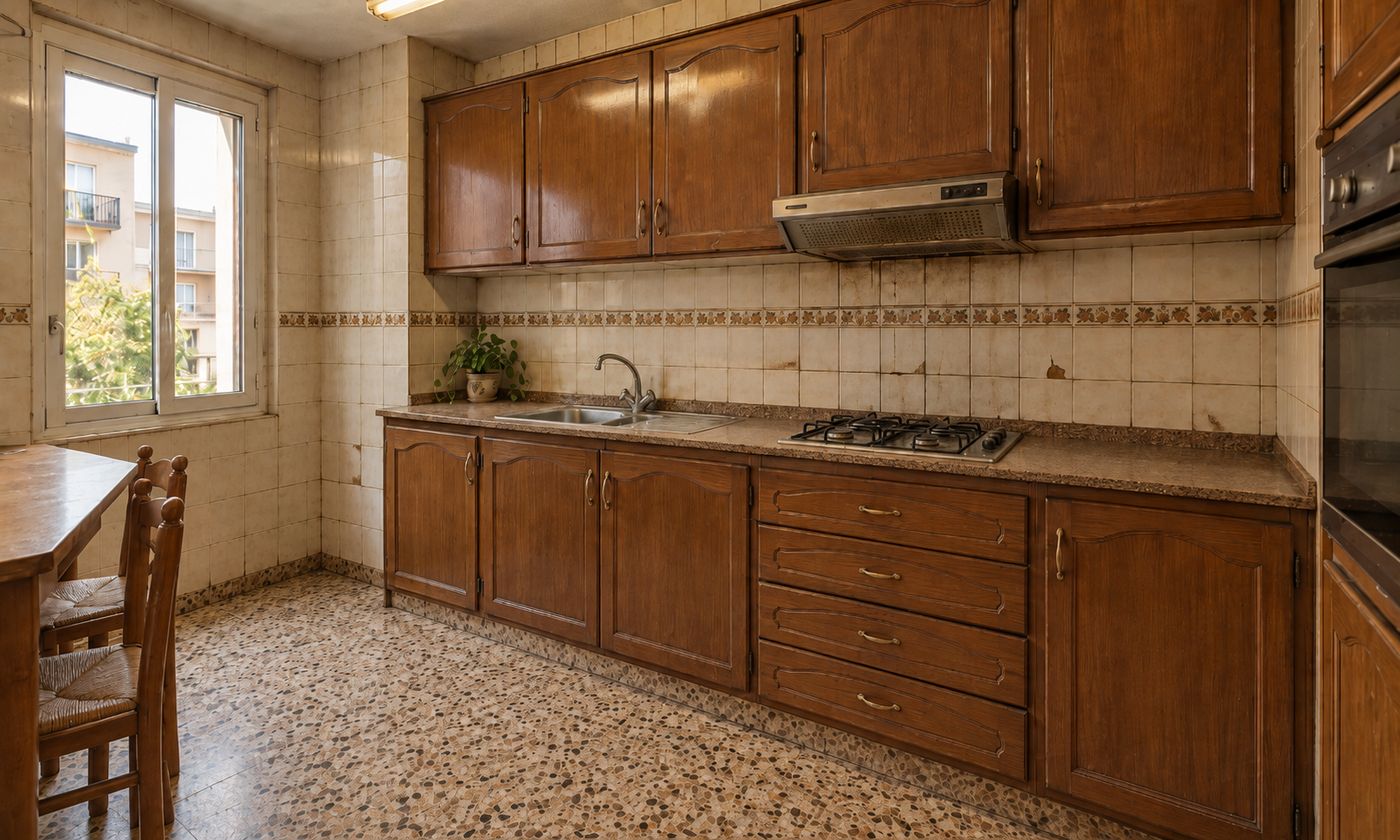 Cocina de un piso antes de la reforma, con muebles de madera oscura, azulejos beige y suelo de terrazo