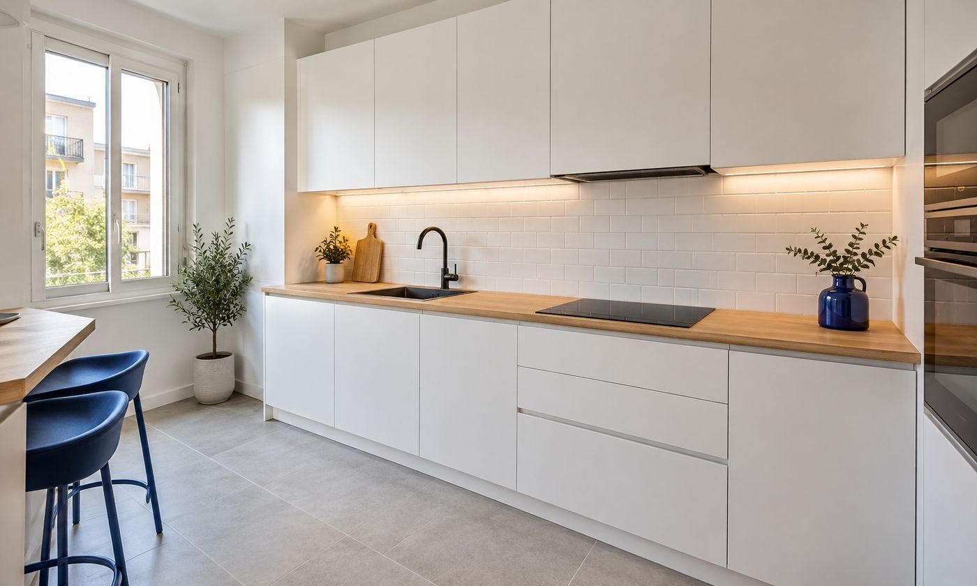 La misma cocina después de la reforma, con muebles blancos, encimera de roble y taburetes azules