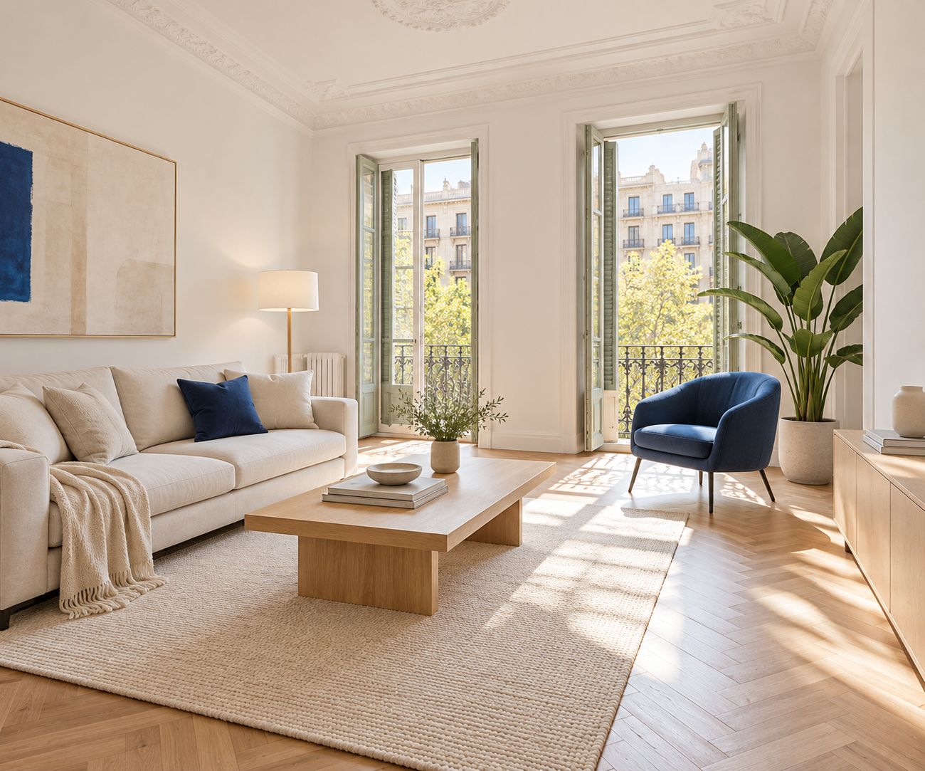 Salón de un piso del Eixample reformado, con suelo de roble en espiga, techos con molduras y balcones