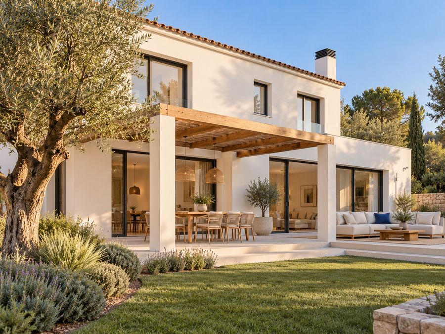 Casa mediterránea reformada con fachada blanca, porche con pérgola de madera y jardín con olivo